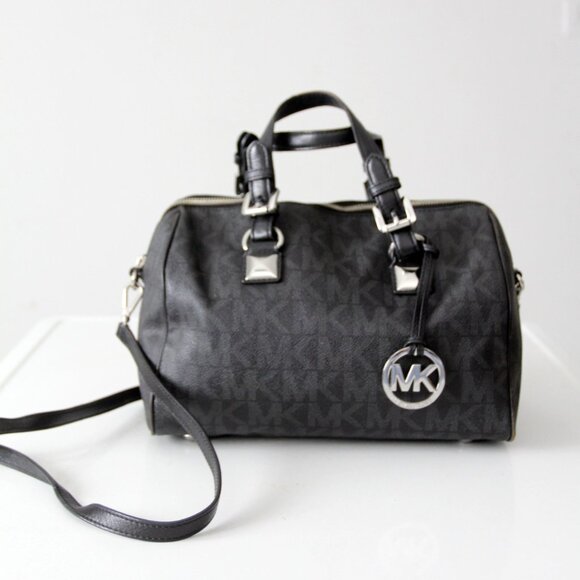 Michael Kors Grayson Medium Satchel Black Signature MK Monogram Logo Handbag - Picture 2 of 15